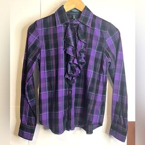 Lauren Ralph Lauren Petite Size P Purple Plaid Flannel Blouse with Ruffle